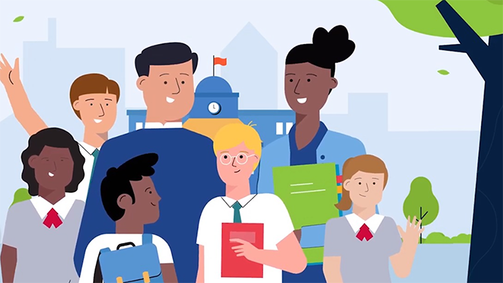  An animated graphic of a male and female teacher standing with four students in front of a school building.